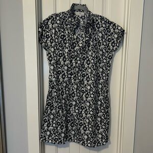 Knee length A line dress. Navy blue and white